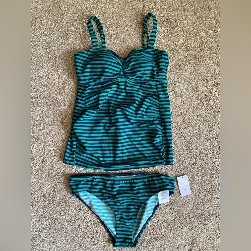 New Motherhood Maternity Teal and Black Striped 2 piece bikini and top set.